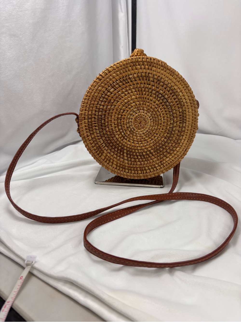 Round Rattan Crossbody Bag | Boho Woven Straw Purse Bali Bag w/ leather Strap - Picture 6 of 8